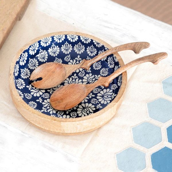 Alternate image for Handcrafted Wood Salad Bowl and Servers 3 Piece Set Delhi Lotus