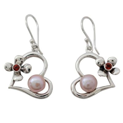 Alternate image for Hearts and Flowers Earrings with Pearls Garnets and Silver Heart of Romance