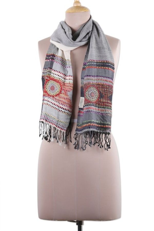 Alternate image for Woven Viscose Scarf with Embroidery in Grey White and Red Timeless Splendor
