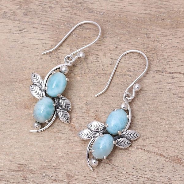 Alternate image for Larimar Ovals and Sterling Silver Leaves Dangle Earrings Sky Flower Duo