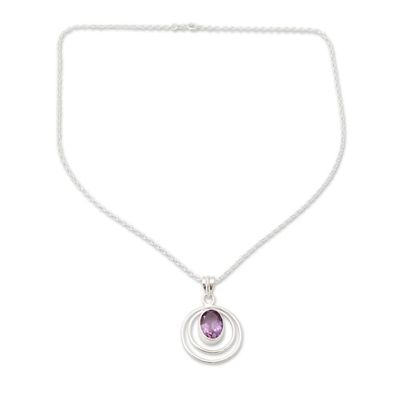 Alternate image for Modern Artisan Crafted Silver and Amethyst Pendant Necklace Twin Halo