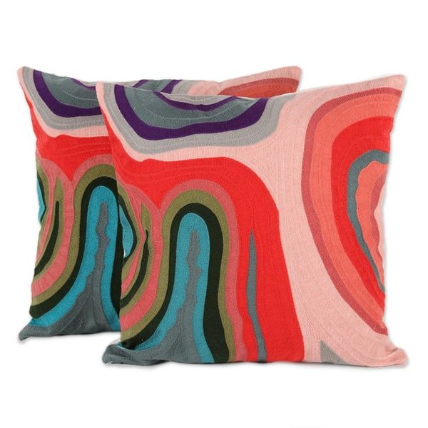 Alternate image for Abstract Embroidered Cotton Cushion Covers from India Pair Abstract Morning