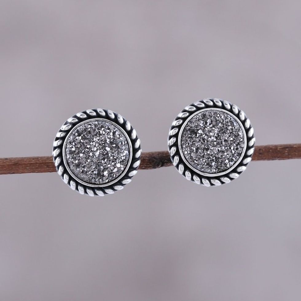 Sterling Silver and Grey Drusy Round Stud Earrings 'Round Grey'