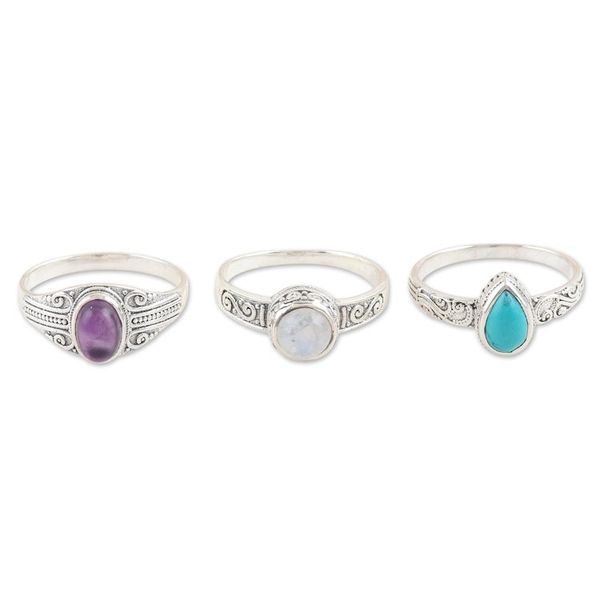 Alternate image for Set of 3 Sterling Silver Cocktail Rings with Cabochons Triple Harmony