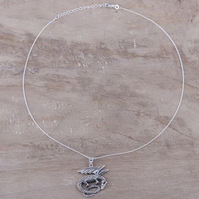 Alternate image for Sterling Silver Dragon Pendant Necklace from India Curled Dragon
