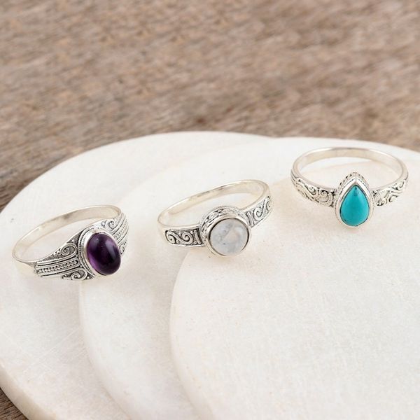 Alternate image for Set of 3 Sterling Silver Cocktail Rings with Cabochons Triple Harmony