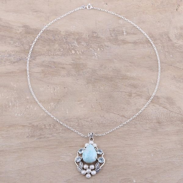 Alternate image for Blue Topaz and Cultured Pearl Necklace with Larimar Basket of Blossoms