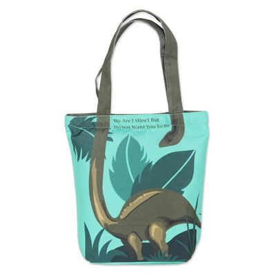 Alternate image for Cotton Tote Bag with Printed Dinosaur Motif in Green Dinosaurs Message