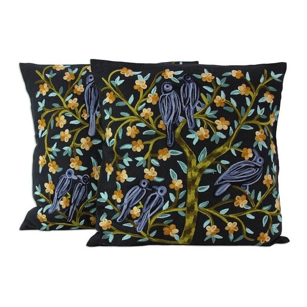 Alternate image for 2 Indian Aari Embroidered Black Cotton Cushion Covers Birds in the Night