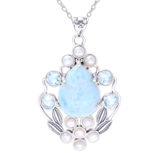 Alternate image for Blue Topaz and Cultured Pearl Necklace with Larimar Basket of Blossoms