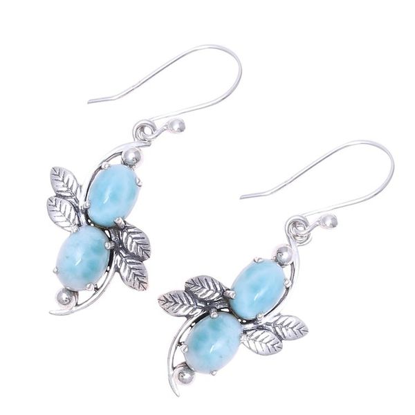 Alternate image for Larimar Ovals and Sterling Silver Leaves Dangle Earrings Sky Flower Duo