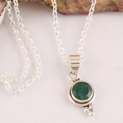 Alternate image for Indian Emerald and Sterling Silver Pendant Necklace Air Bubble in Green