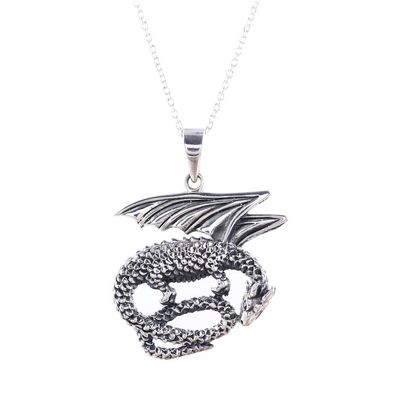 Alternate image for Sterling Silver Dragon Pendant Necklace from India Curled Dragon