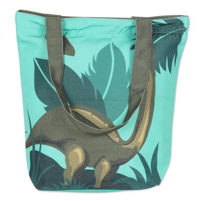 Alternate image for Cotton Tote Bag with Printed Dinosaur Motif in Green Dinosaurs Message