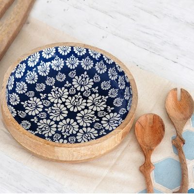 Alternate image for Handcrafted Wood Salad Bowl and Servers 3 Piece Set Delhi Lotus