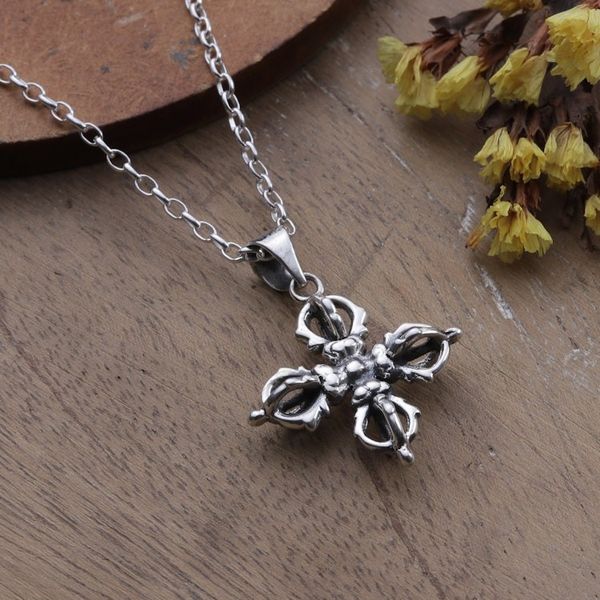 Alternate image for Classic Sterling Silver Dorje Pendant Necklace from India Dorje Flower