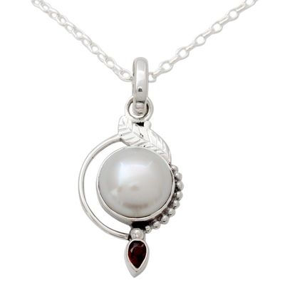 Alternate image for Leaf Theme Silver and Cultured Pearl Necklace with Garnet Sublime Romance