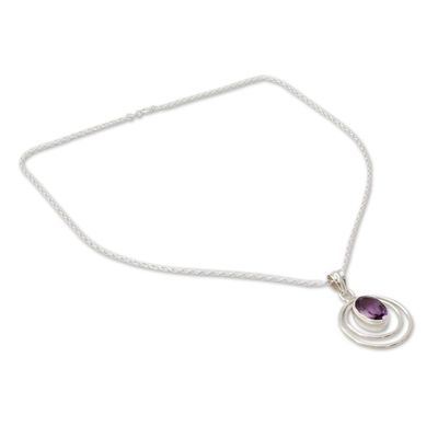 Alternate image for Modern Artisan Crafted Silver and Amethyst Pendant Necklace Twin Halo