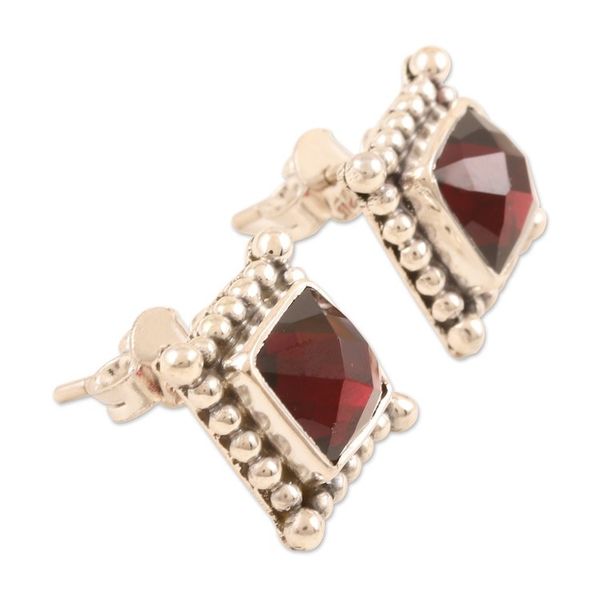 Alternate image for Checkerboard Faceted Garnet Sterling Silver Stud Earrings Picture Perfect in Red