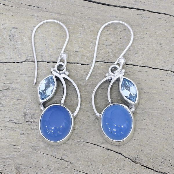 Alternate image for Sterling Silver Blue Topaz Chalcedony Dangle Earrings India Blue Fog