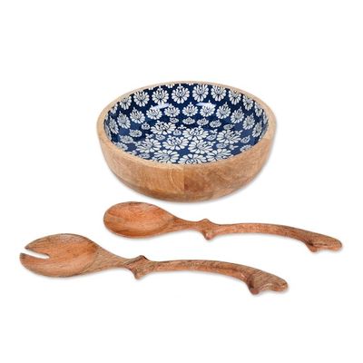 Alternate image for Handcrafted Wood Salad Bowl and Servers 3 Piece Set Delhi Lotus