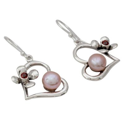 Alternate image for Hearts and Flowers Earrings with Pearls Garnets and Silver Heart of Romance