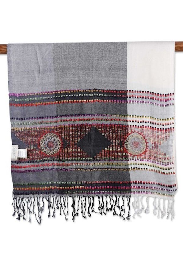 Alternate image for Woven Viscose Scarf with Embroidery in Grey White and Red Timeless Splendor