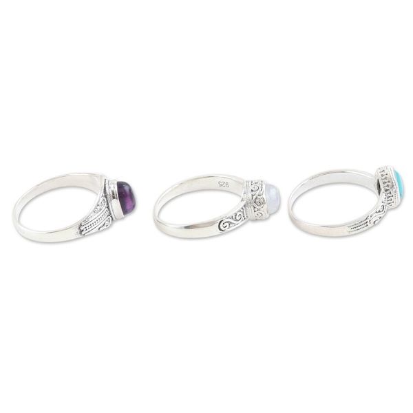 Alternate image for Set of 3 Sterling Silver Cocktail Rings with Cabochons Triple Harmony