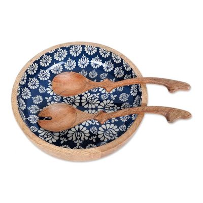 Alternate image for Handcrafted Wood Salad Bowl and Servers 3 Piece Set Delhi Lotus