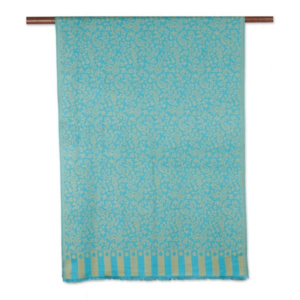 Alternate image for Jacquard Woven Turquoise and Maize Modal Shawl Paisley Fanfare in Maize