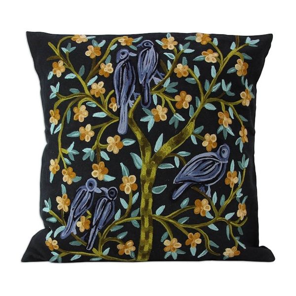 Alternate image for 2 Indian Aari Embroidered Black Cotton Cushion Covers Birds in the Night