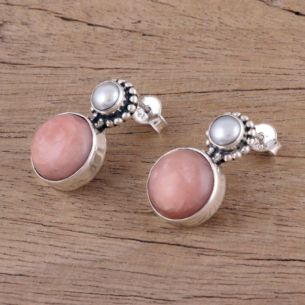Alternate image for Cultured Freshwater Pearl and Pink Opal Drop Earrings Moonlit Blush