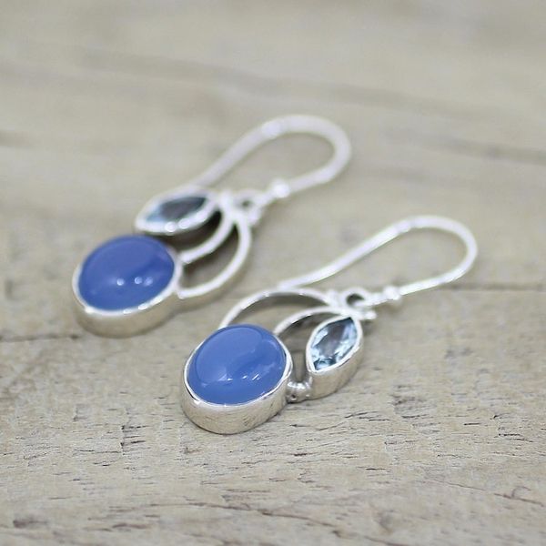 Alternate image for Sterling Silver Blue Topaz Chalcedony Dangle Earrings India Blue Fog
