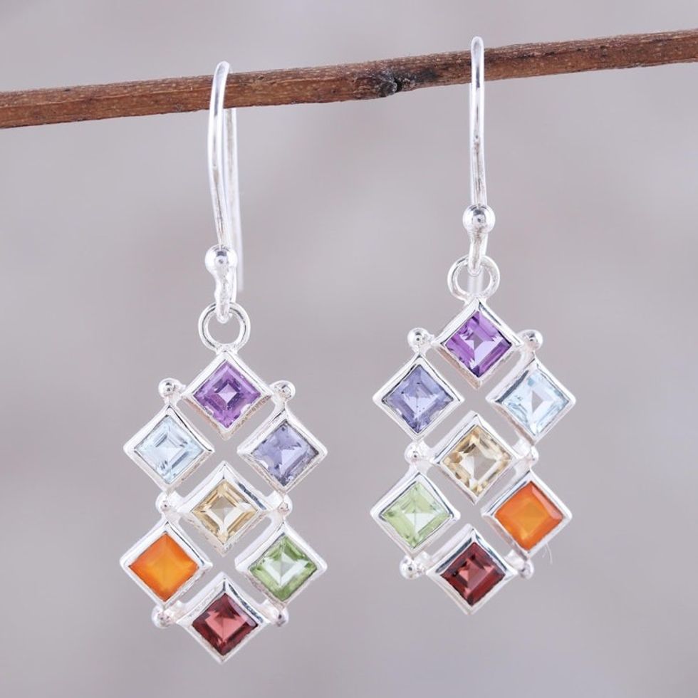 Multi-Gemstone Chakra Dangle Earrings from India 'Wellness'