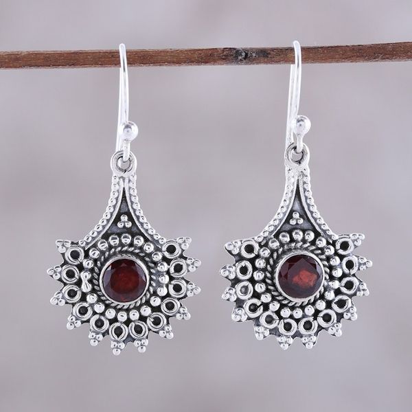Alternate image for Handmade Garnet Dangle Earrings from India Gemstone Flowers