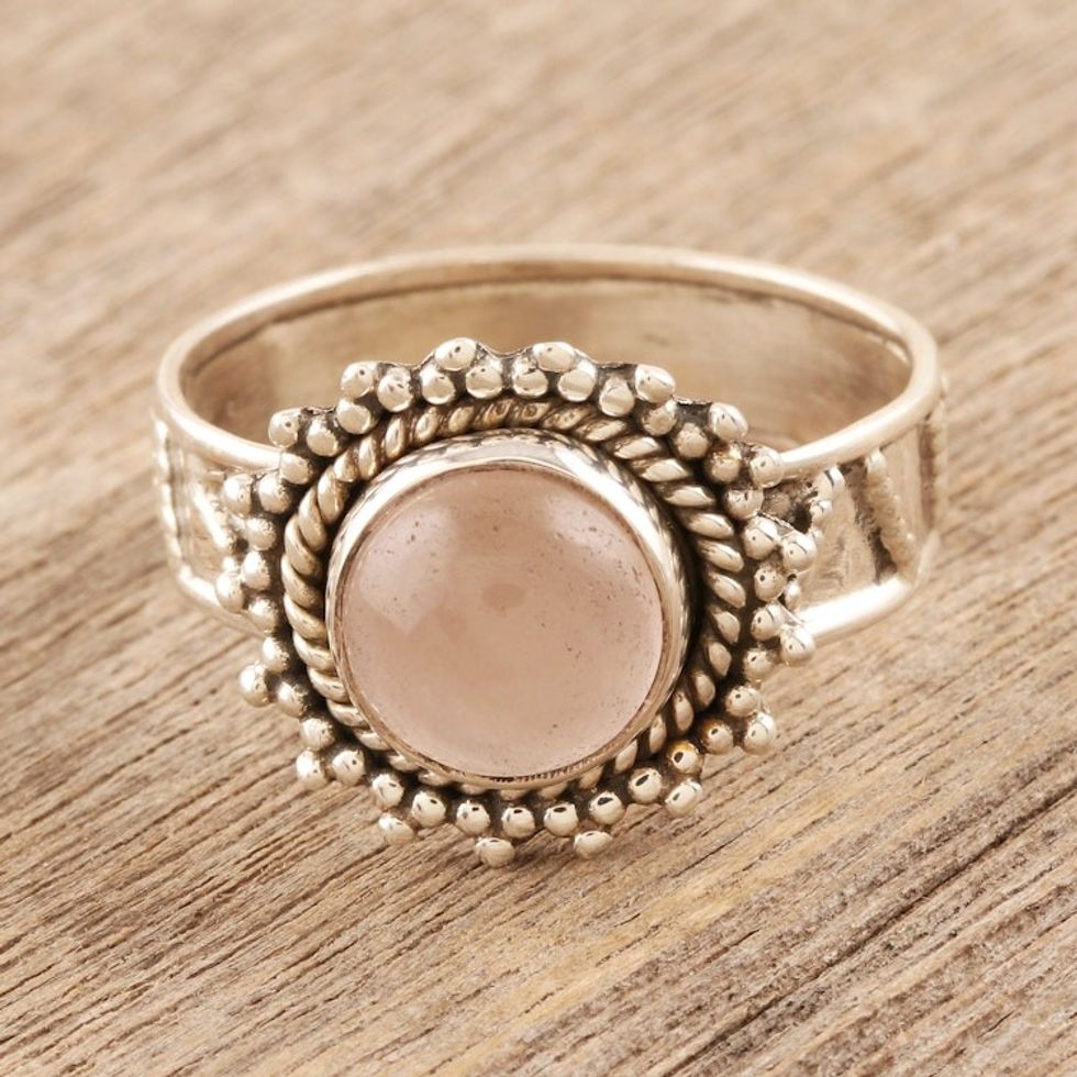 Flower Motif Rose Quartz Oxidized Sterling Silver Ring 'Inner Love'