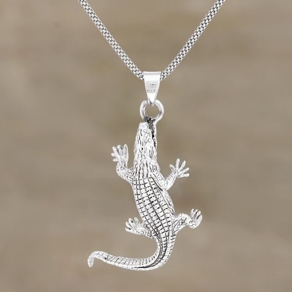 Alternate image for Hand Crafted Sterling Silver Crocodile Pendant Necklace Crawling Crocodile