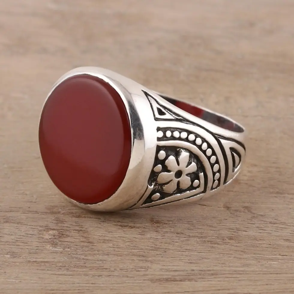 925 Sterling Silver and Carnelian Men's Ring from India 'Native Flower'