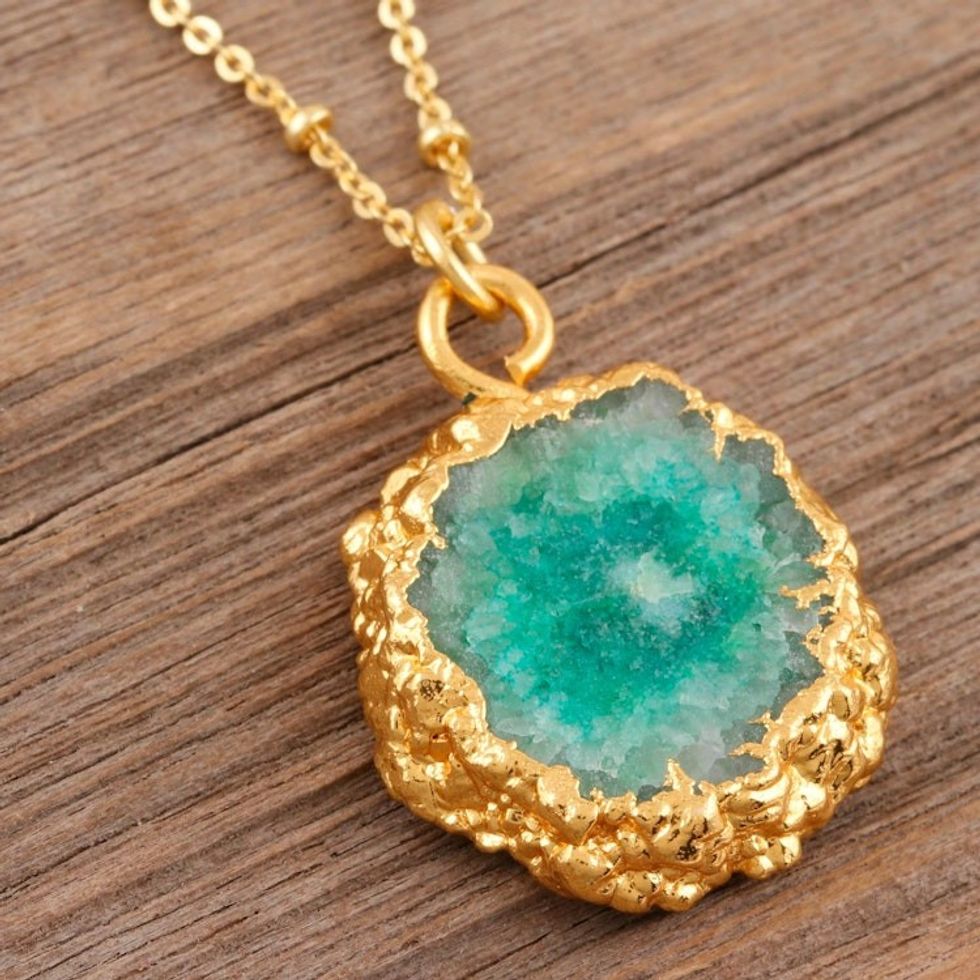 Gold-Plated Sterling Silver Blue Quartz Pendant Necklace 'Blue Illusion'