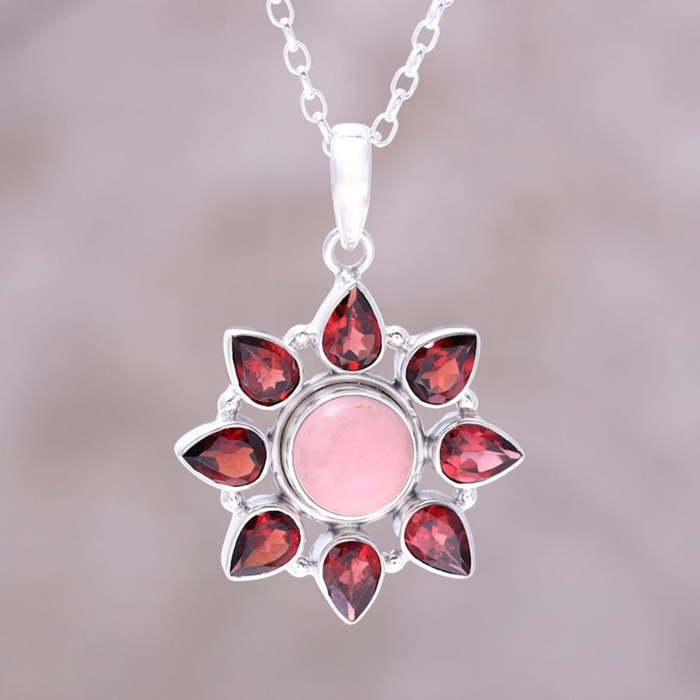 Pink Opal and Garnet Sterling Silver Flower Necklace 'Glowing Flower'