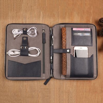 Alternate image for Handcrafted Navy Blue Leather Traveling Office Case Ultimate Organization