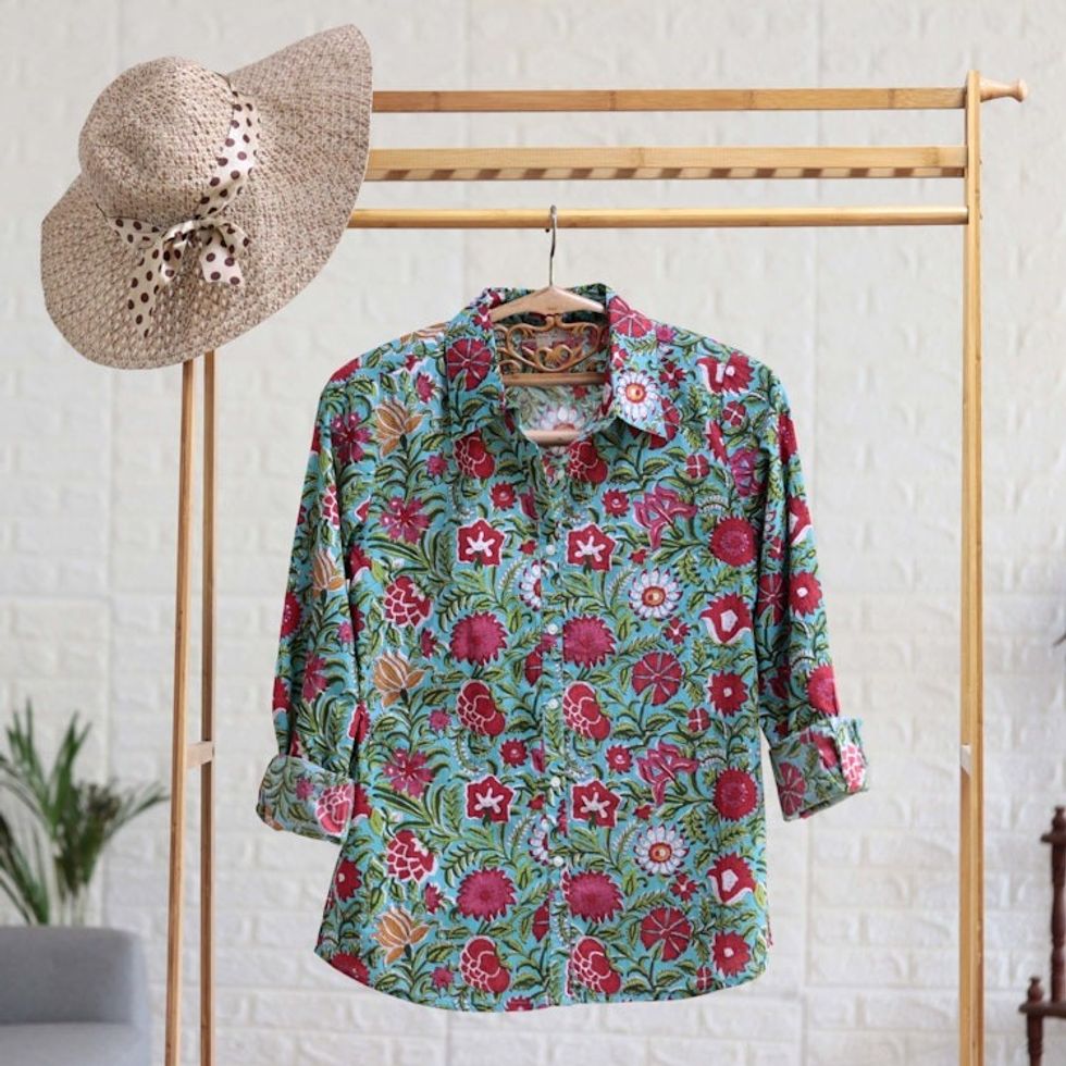 Printed Button-Up Cotton Shirt 'Spring Awakening'