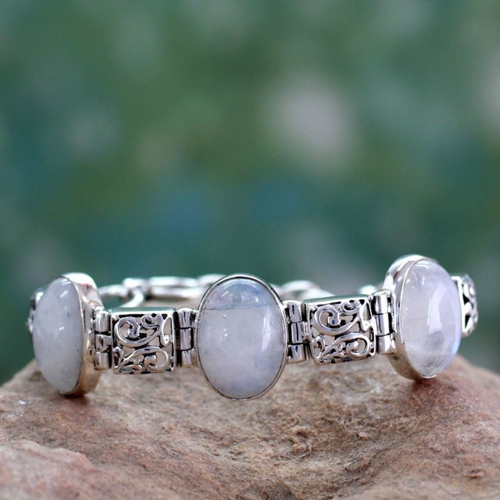 Artisan Crafted Moonstone Sterling Silver Bracelet 'Floral Legends'