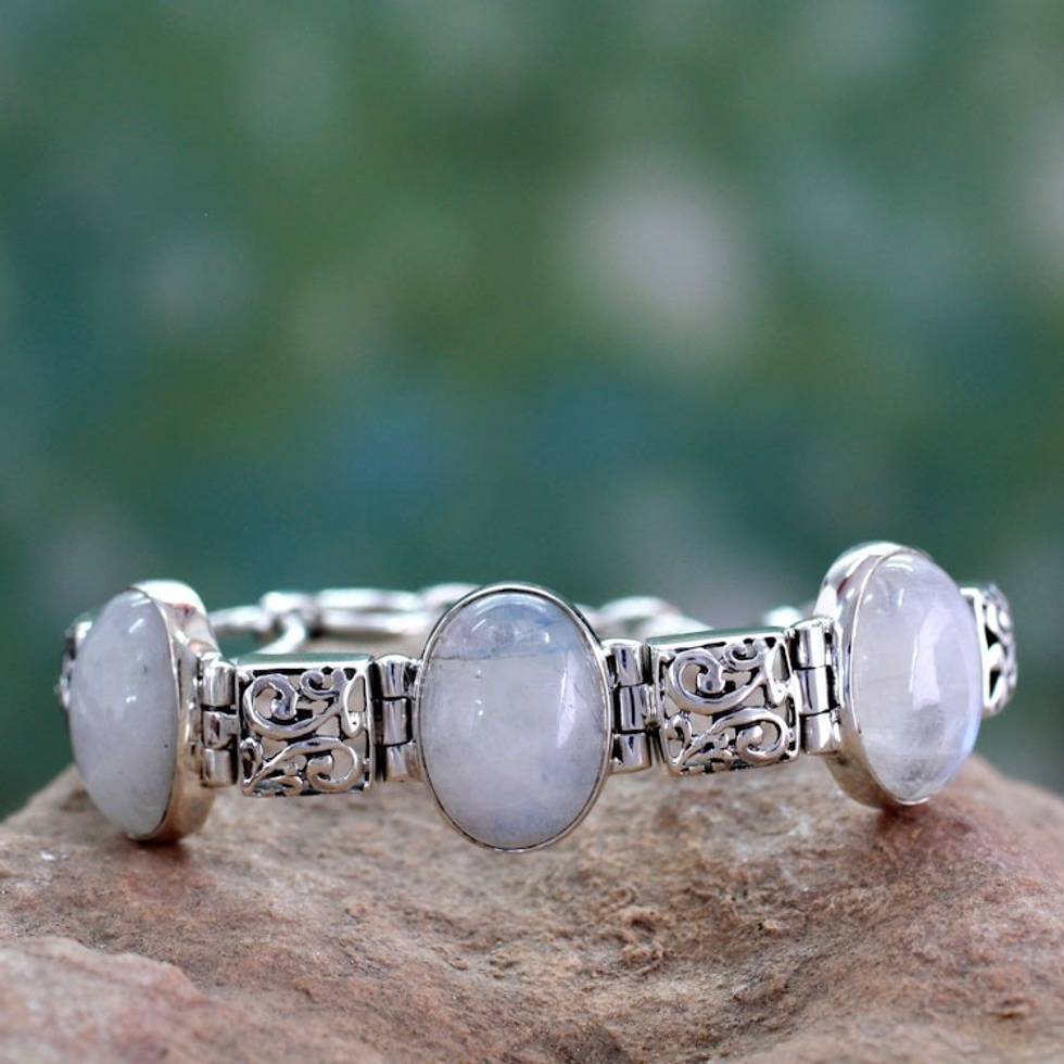 Artisan Crafted Moonstone Sterling Silver Bracelet 'Floral Legends'
