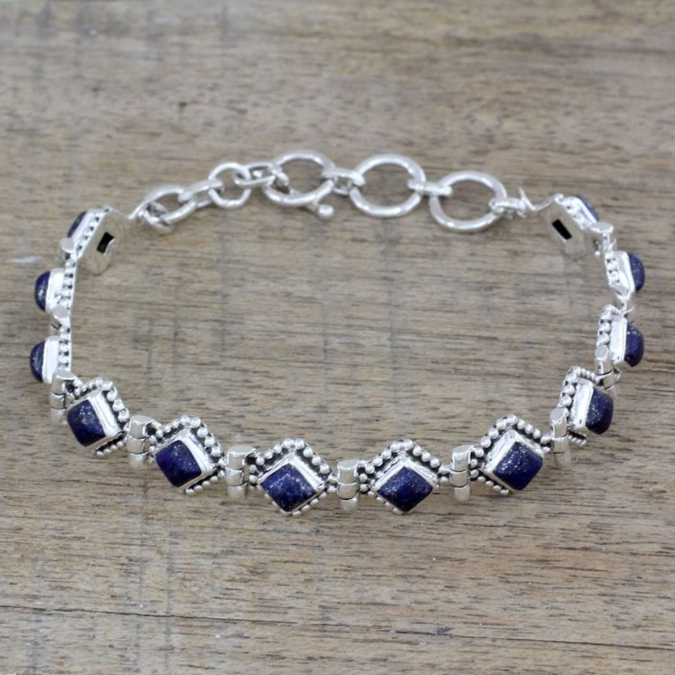 India Lapis Lazuli and Sterling Silver Tennis Bracelet 'Deep Blue Diamonds'