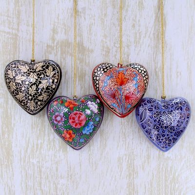 Alternate image for 4 Floral Hearts Artisan Crafted Papier Mache Ornaments Set Season of Love