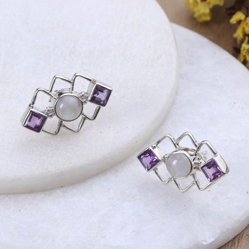 Geometric Amethyst and Rainbow Moonstone Button Earrings 'Charismatic Harmony'