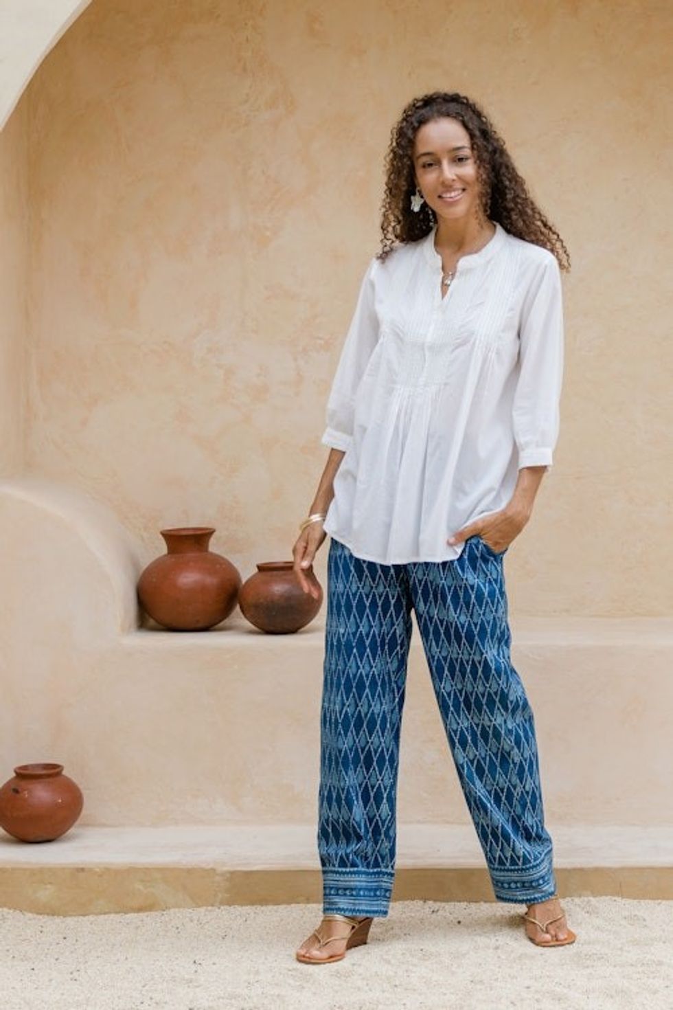Hand-Block Printed Diamond-Themed Cyan and Blue Cotton Pants 'Cyan Diamonds'