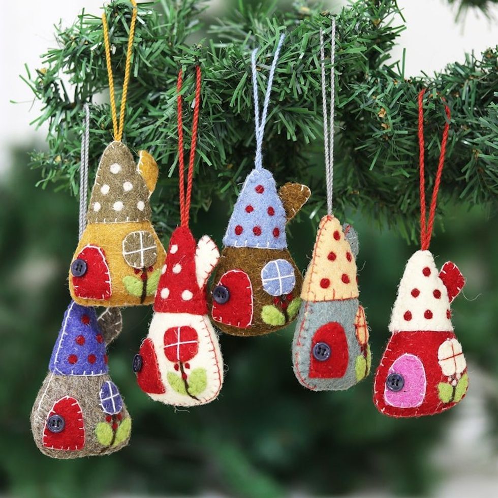 Whimsical Felt House Ornaments Set of 6 'Holiday Homes'