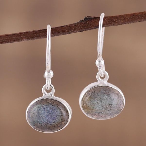 Alternate image for Sterling Silver Hook Earrings with Labradorite Cabochons Dark Aurora